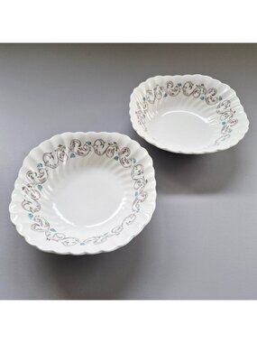 Vintage Johnson Bros Encore Square Cereal Bowl Set of 2, Blue Leaves Light Brown